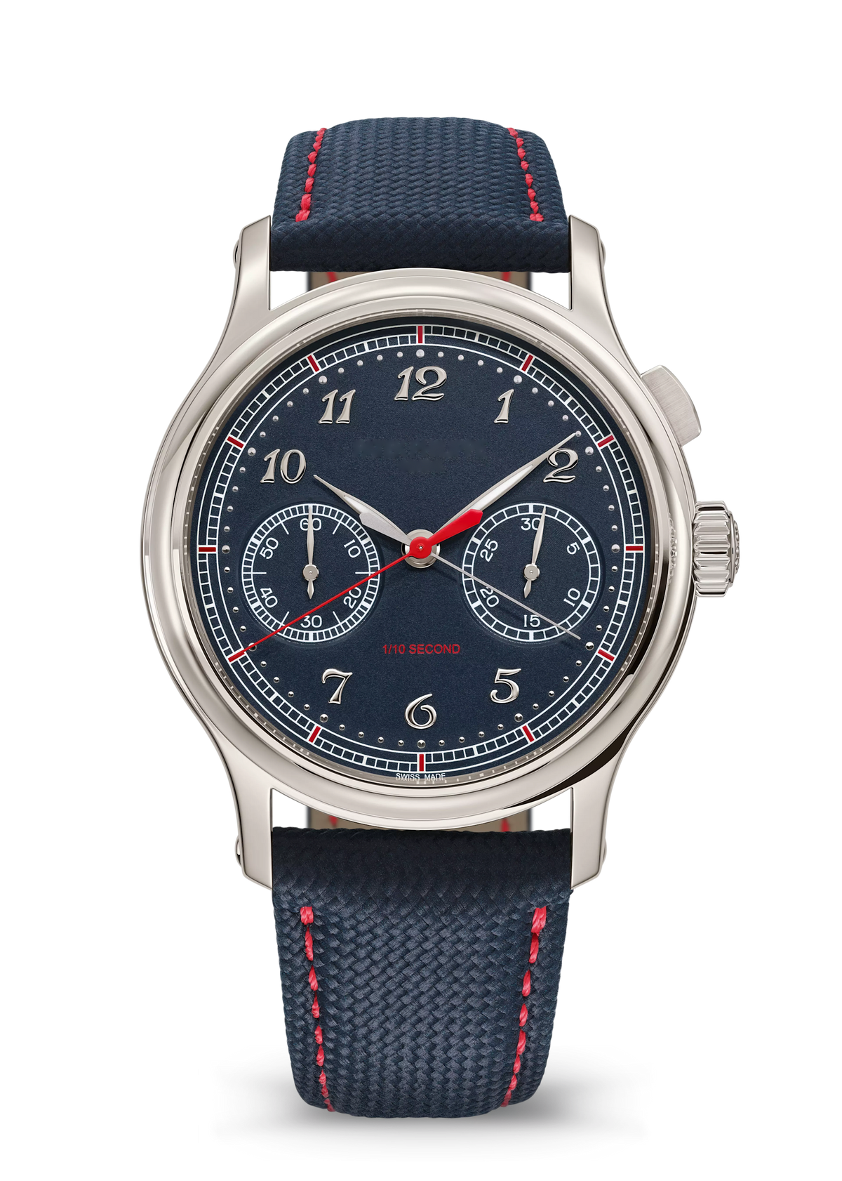 Navy Dial Chronograph with Silver Tone Case and Red-Stitched Strap