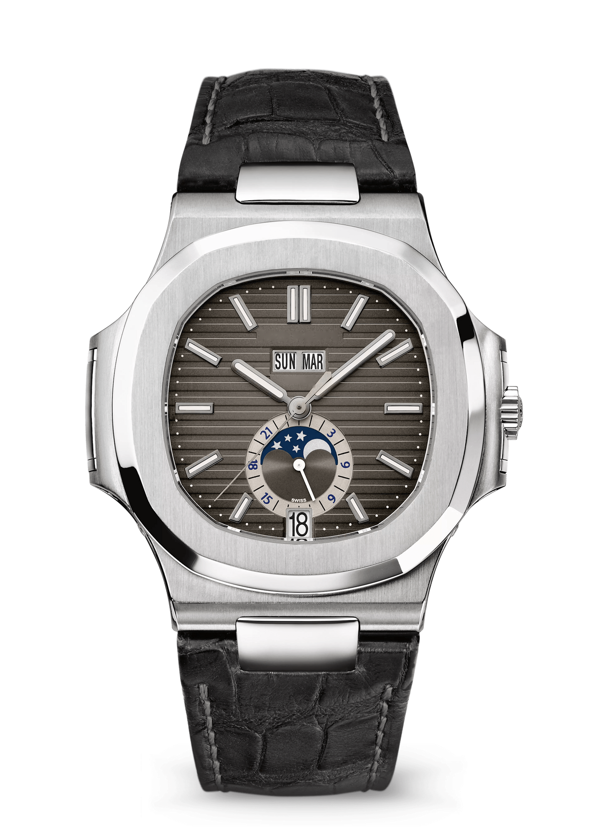 Grey Moonphase Watch with Silver Tone Case and Black Strap
