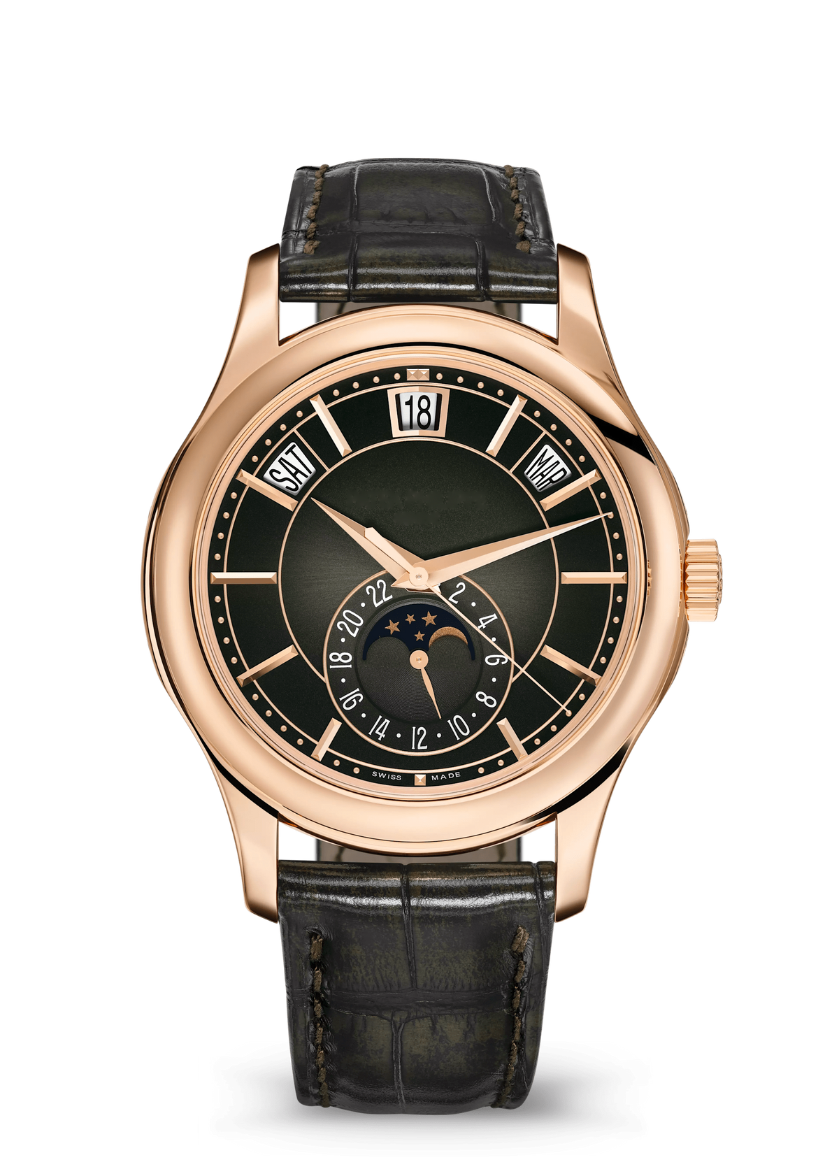 Black Moonphase Watch with Rose Gold Tone Case and Dark Strap