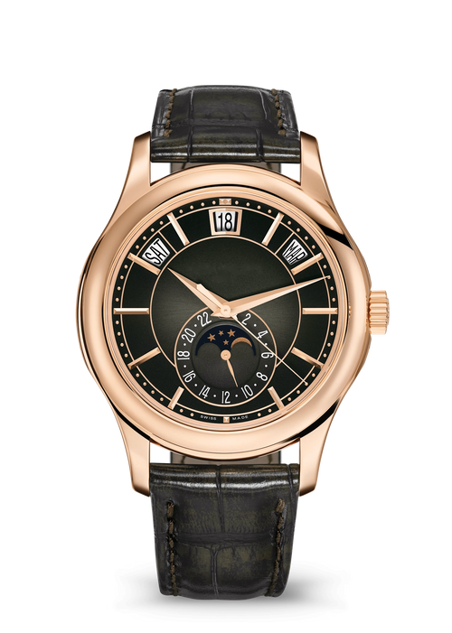 Black Moonphase Watch with Rose Gold Tone Case and Dark Strap