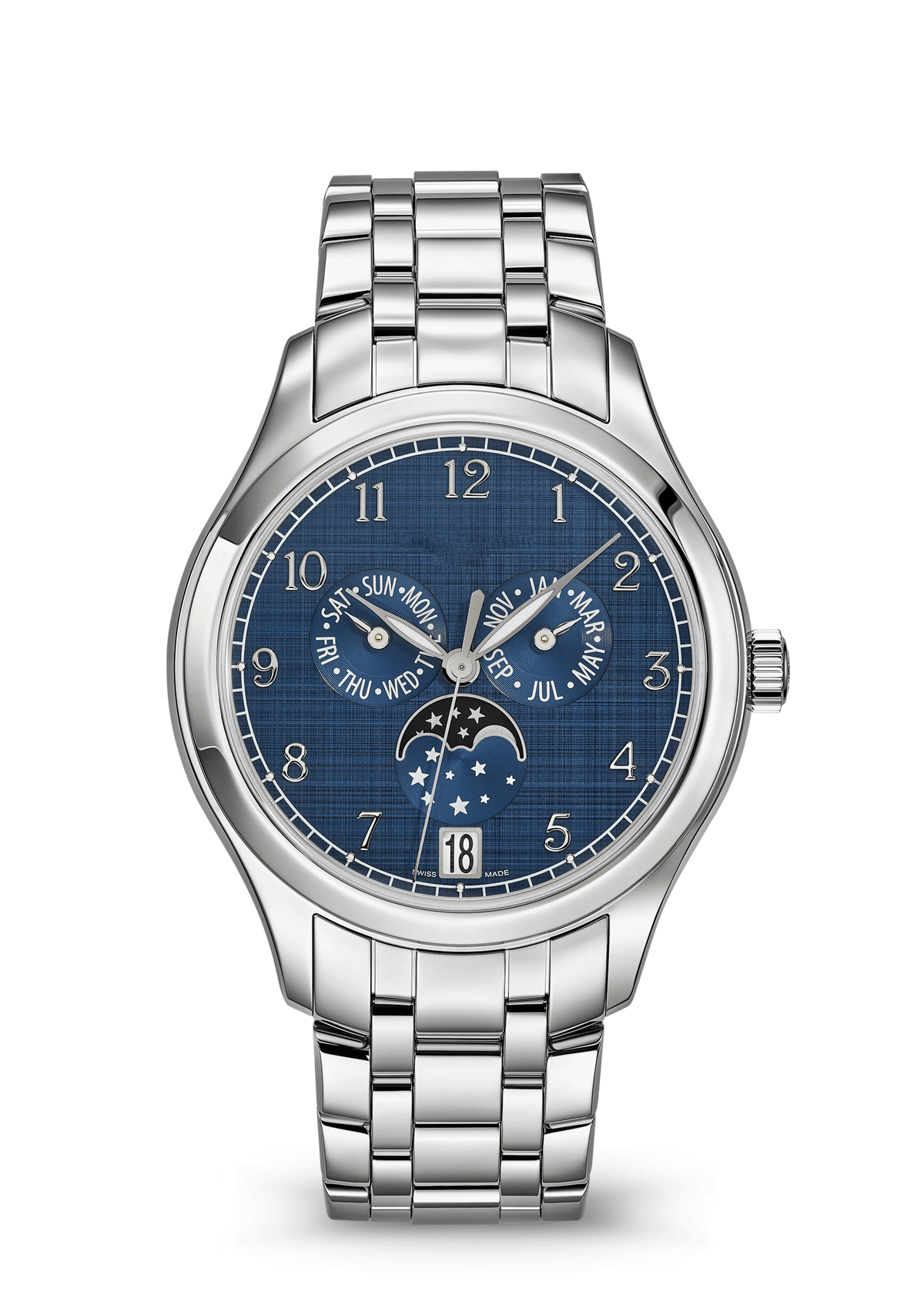 Blue Moonphase Calendar Watch with Silver Tone Bracelet