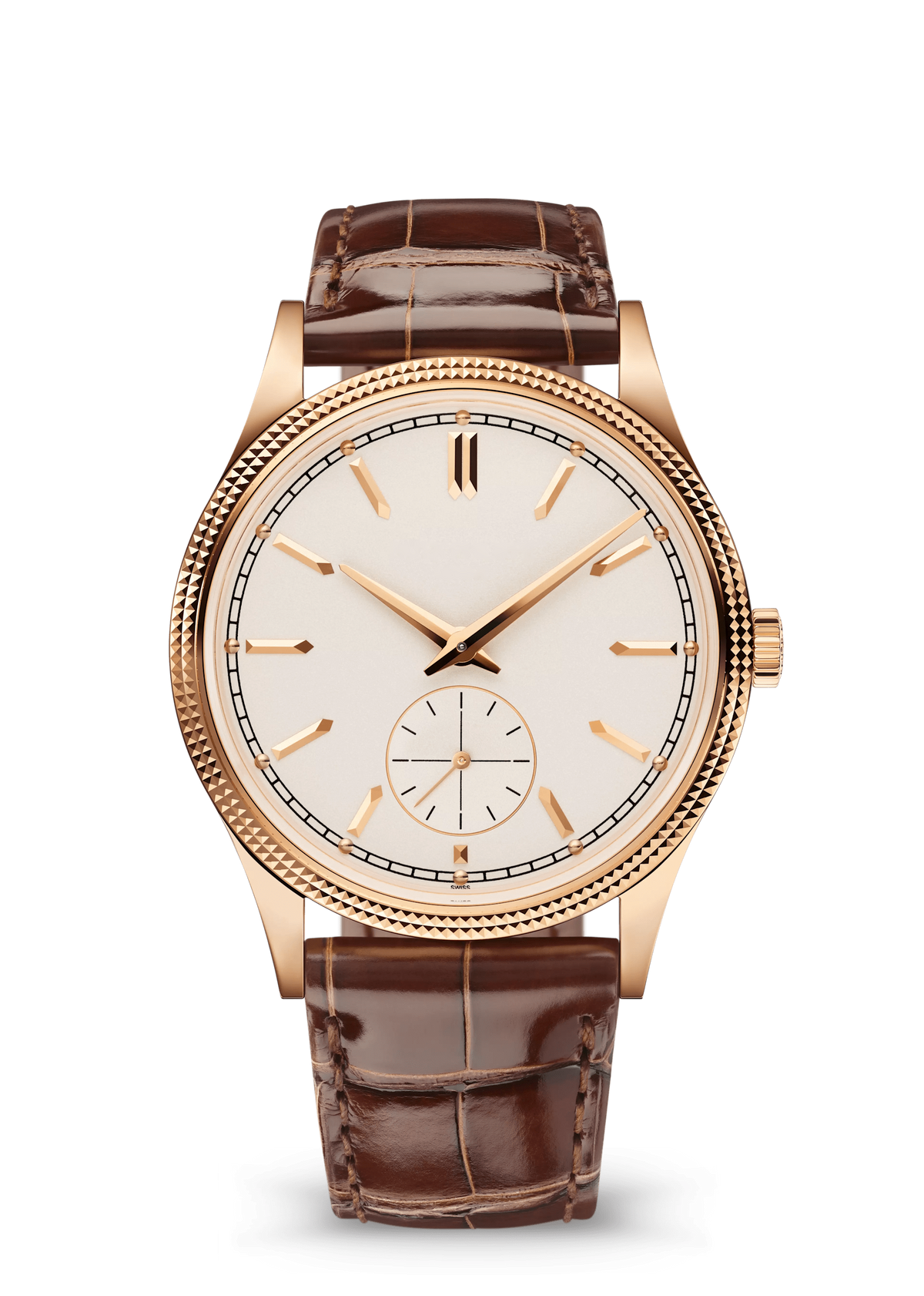 Ivory Small-Seconds Watch with Rose Gold Tone Case and Brown Strap