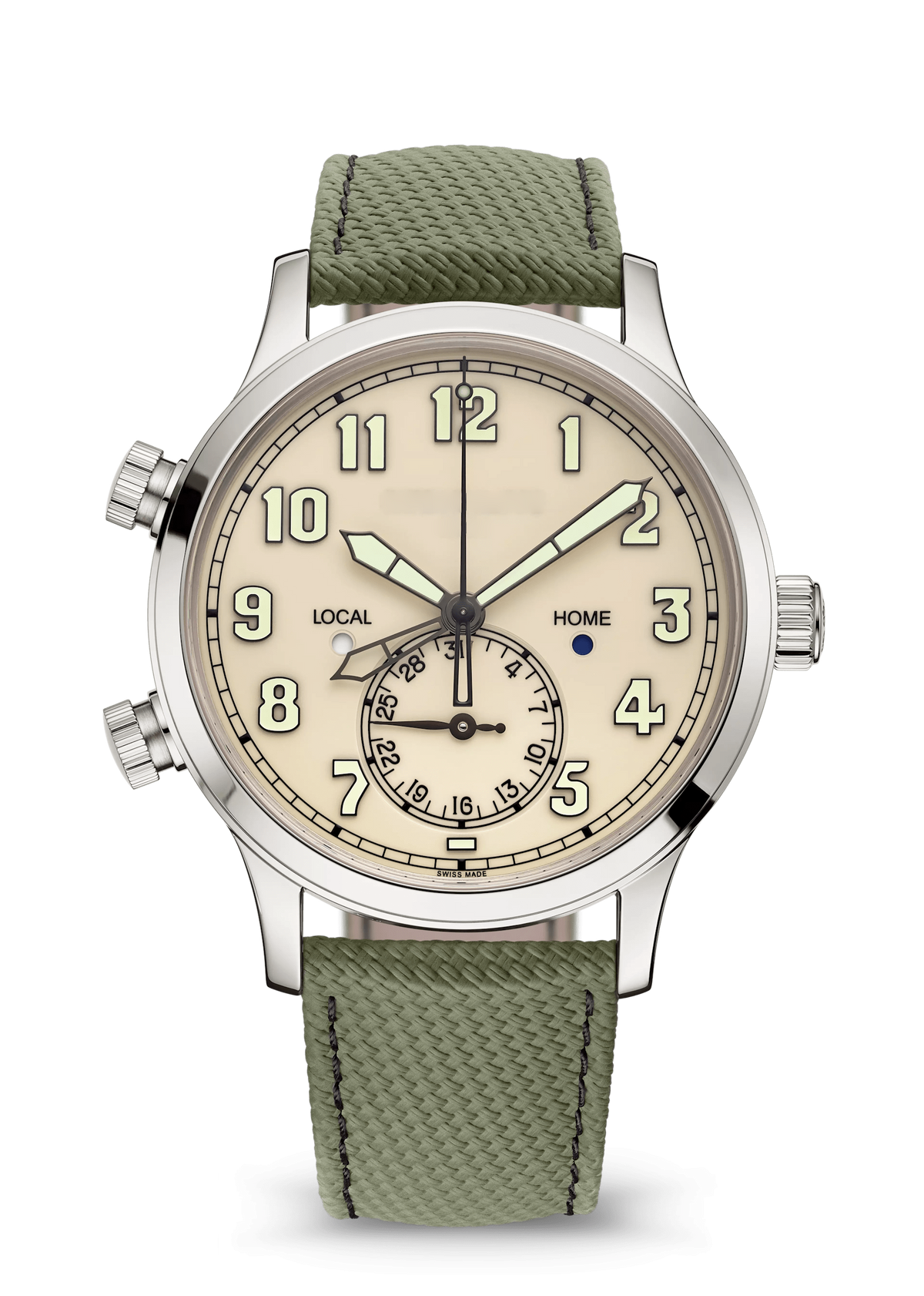 Cream Dual-Time Watch with Silver Tone Case and Olive Strap