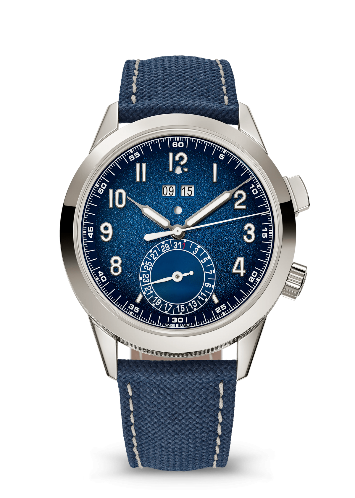 Deep Blue Alarm Dial Watch with Silver Tone Case and Woven Strap