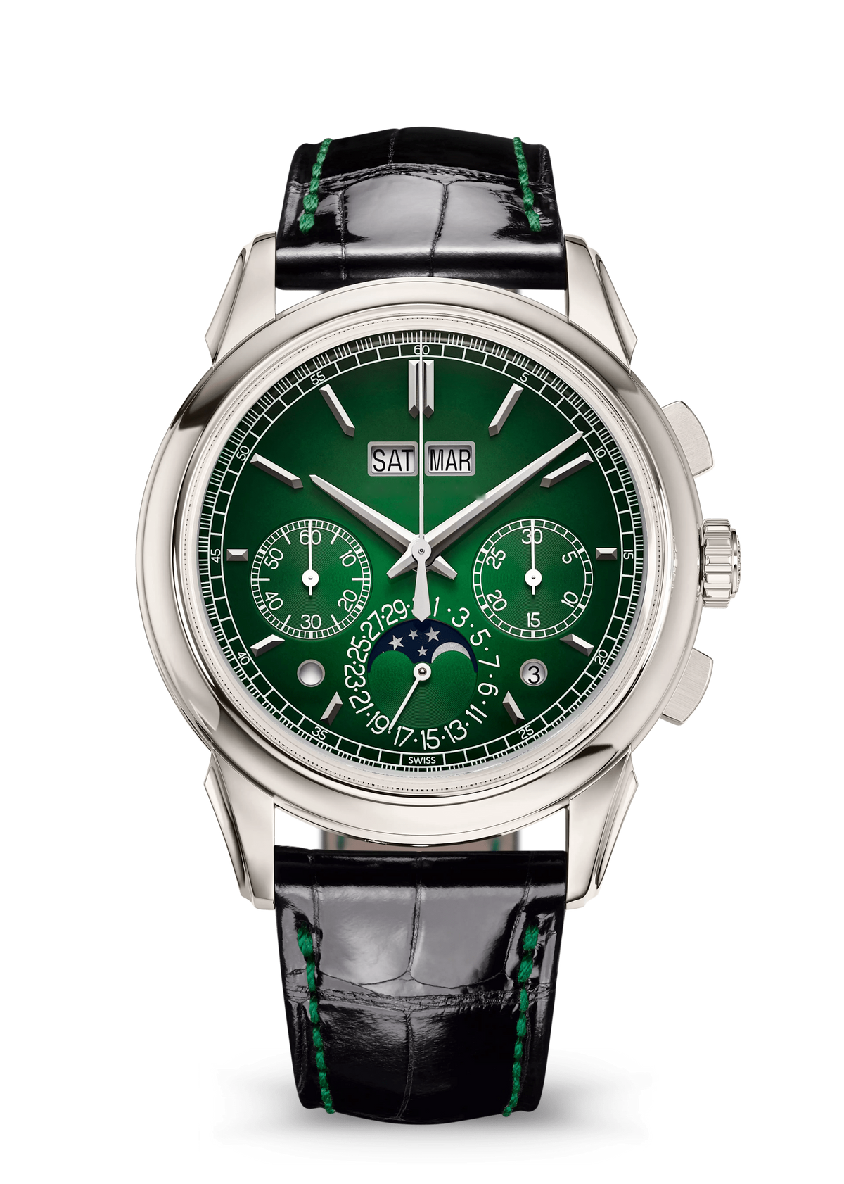 Green Calendar Chronograph with Silver Tone Case and Black Strap