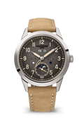 Black Textured Calendar Watch with Sand-Colored Strap