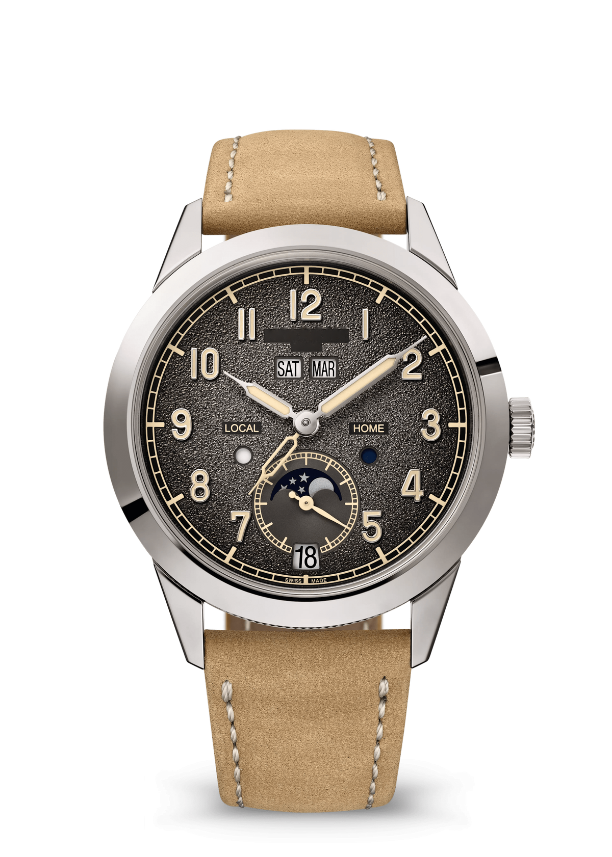 Black Textured Calendar Watch with Sand-Colored Strap