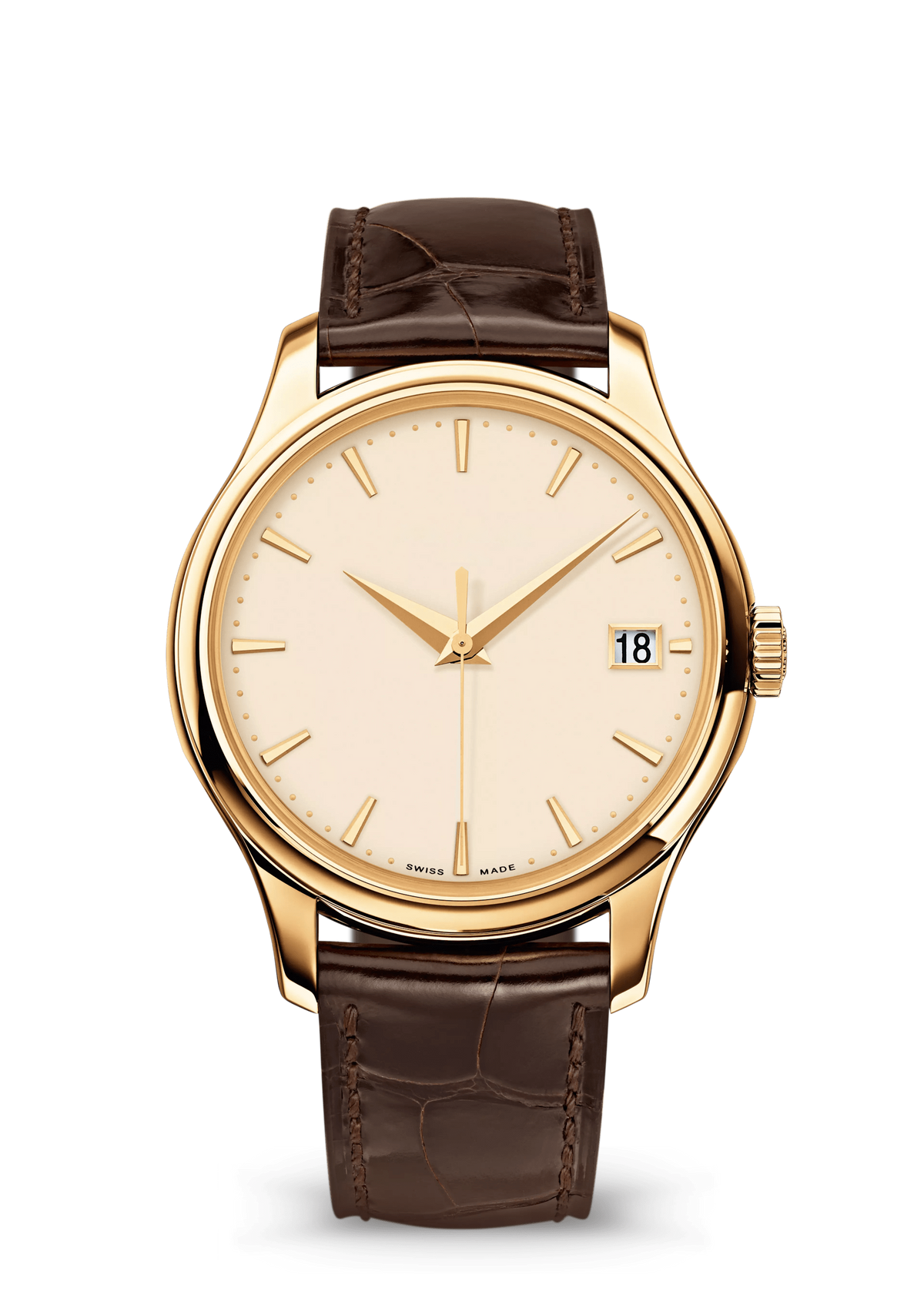 Cream Date Watch with Yellow Gold Tone Case and Brown Strap