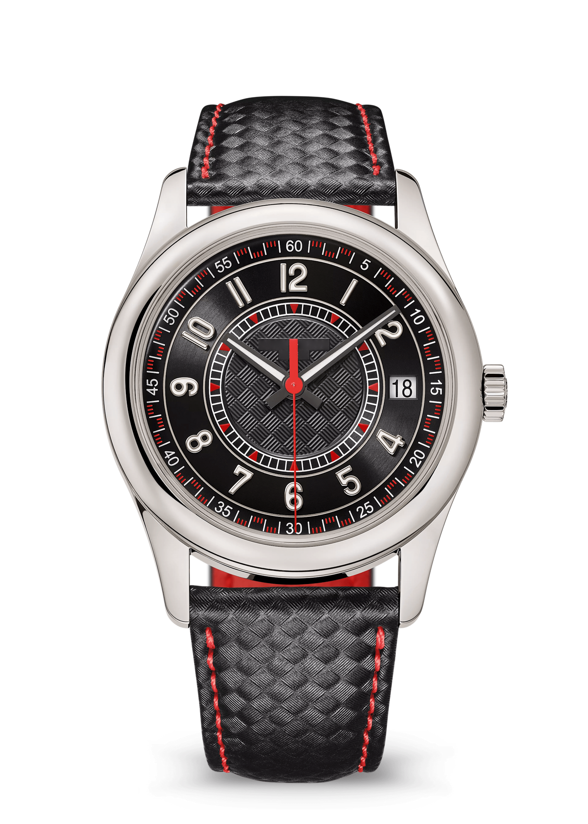 Black Textured Watch with Red Accents and Woven Strap