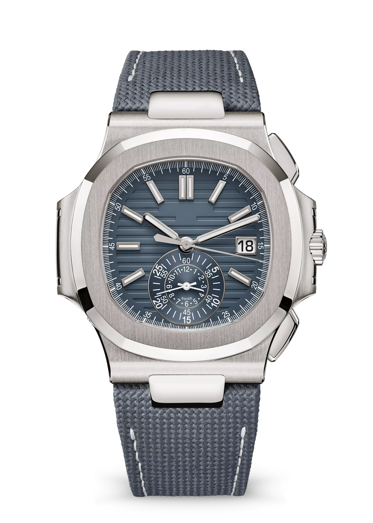 Blue Grey Chronograph with Silver Tone Case and Fabric Strap