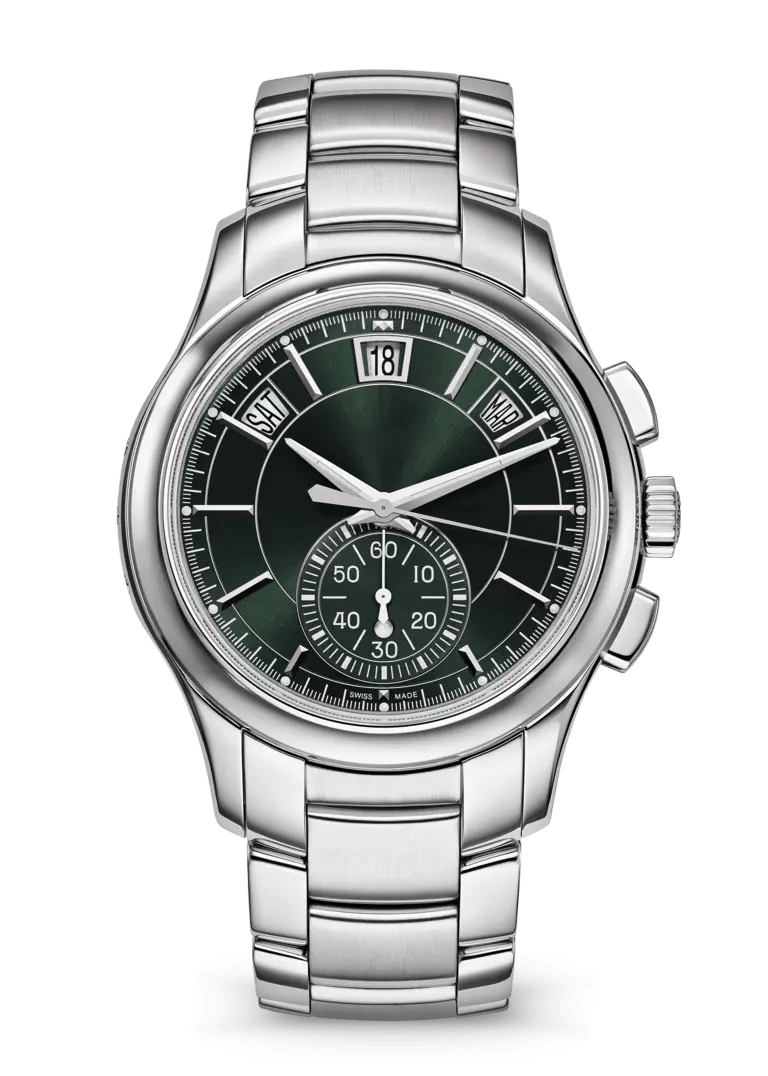 Dark Green Calendar Chronograph with Silver Tone Link Bracelet