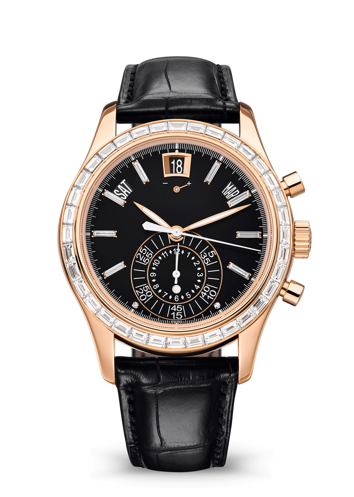 Black Calendar Watch with Rose Gold Tone Crystal Bezel