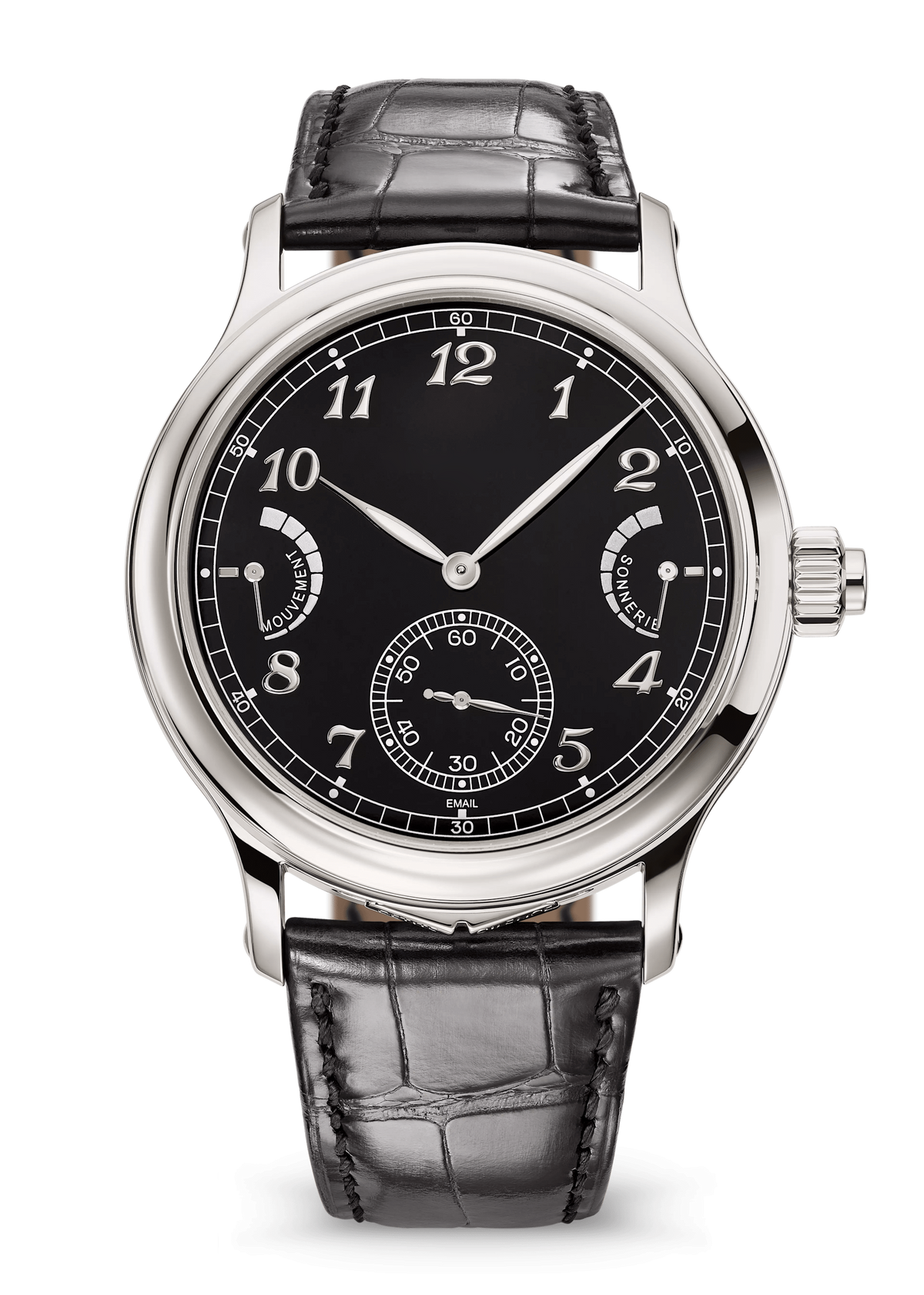 Black Small-Seconds Watch with Silver Tone Case and Grey Strap