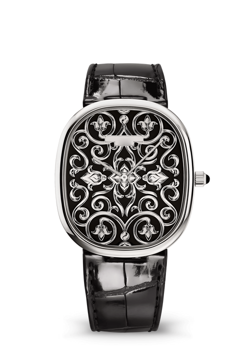 Black Ornamental Dial Watch with Silver Tone Case