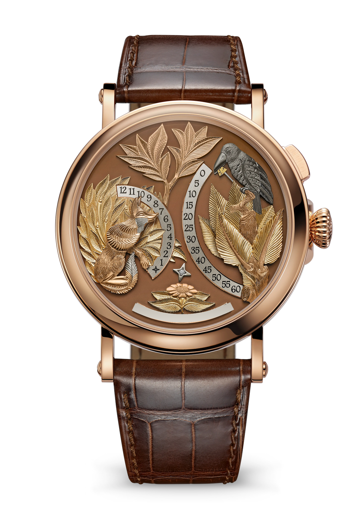 Brown Leaf-Pattern Watch with Rose Gold Tone Case