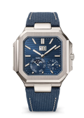 Blue Square Moonphase Watch with Silver Tone Case and Fabric Strap
