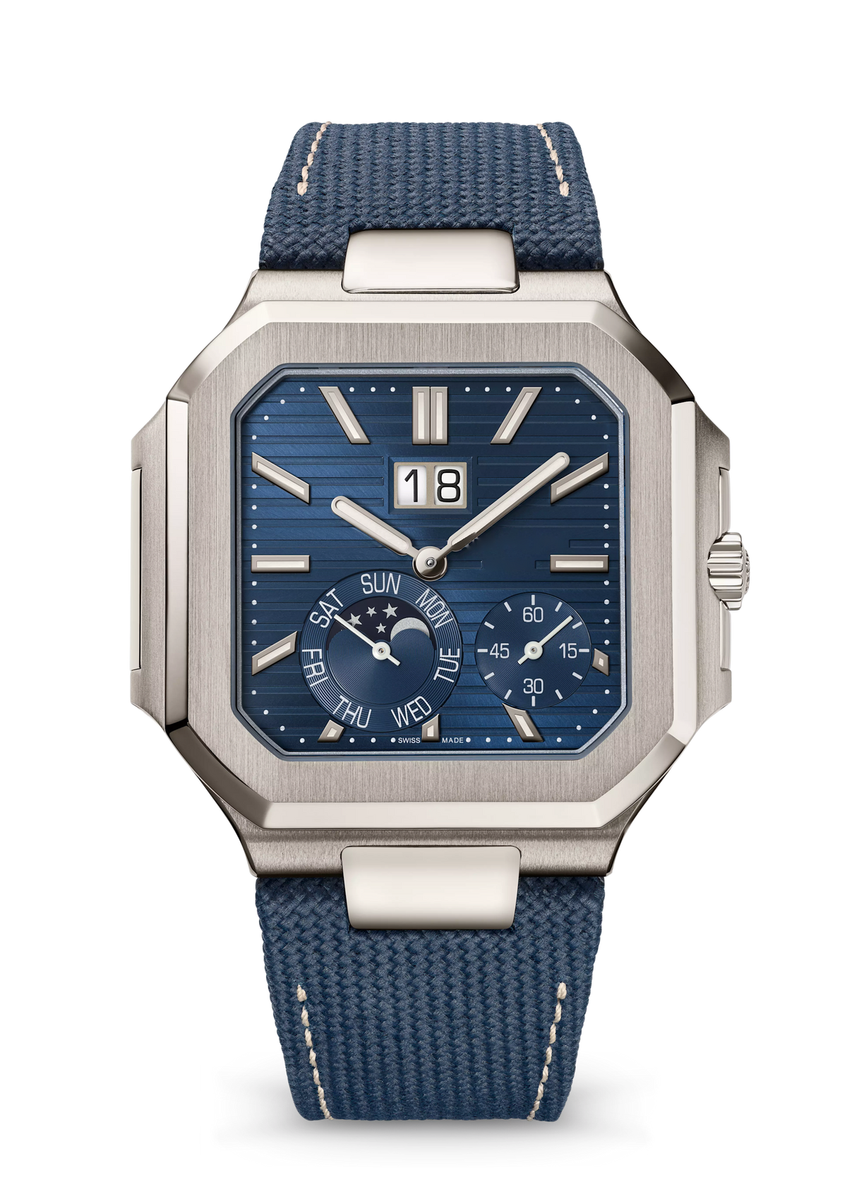Blue Square Moonphase Watch with Silver Tone Case and Fabric Strap