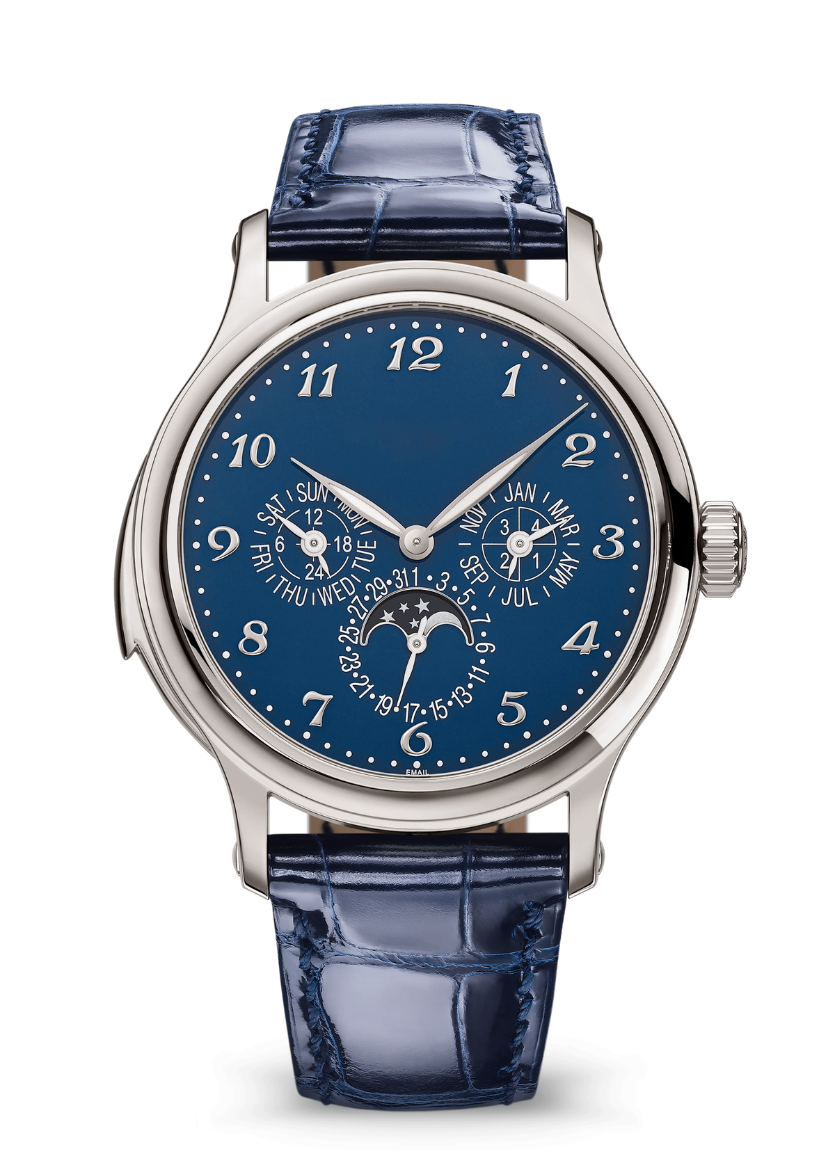 Blue Multi-Calendar Watch with Silver Tone Case and Glossy Strap