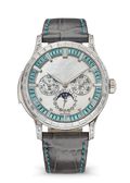 Ivory Calendar Watch with Aqua Crystal Bezel and Grey Strap