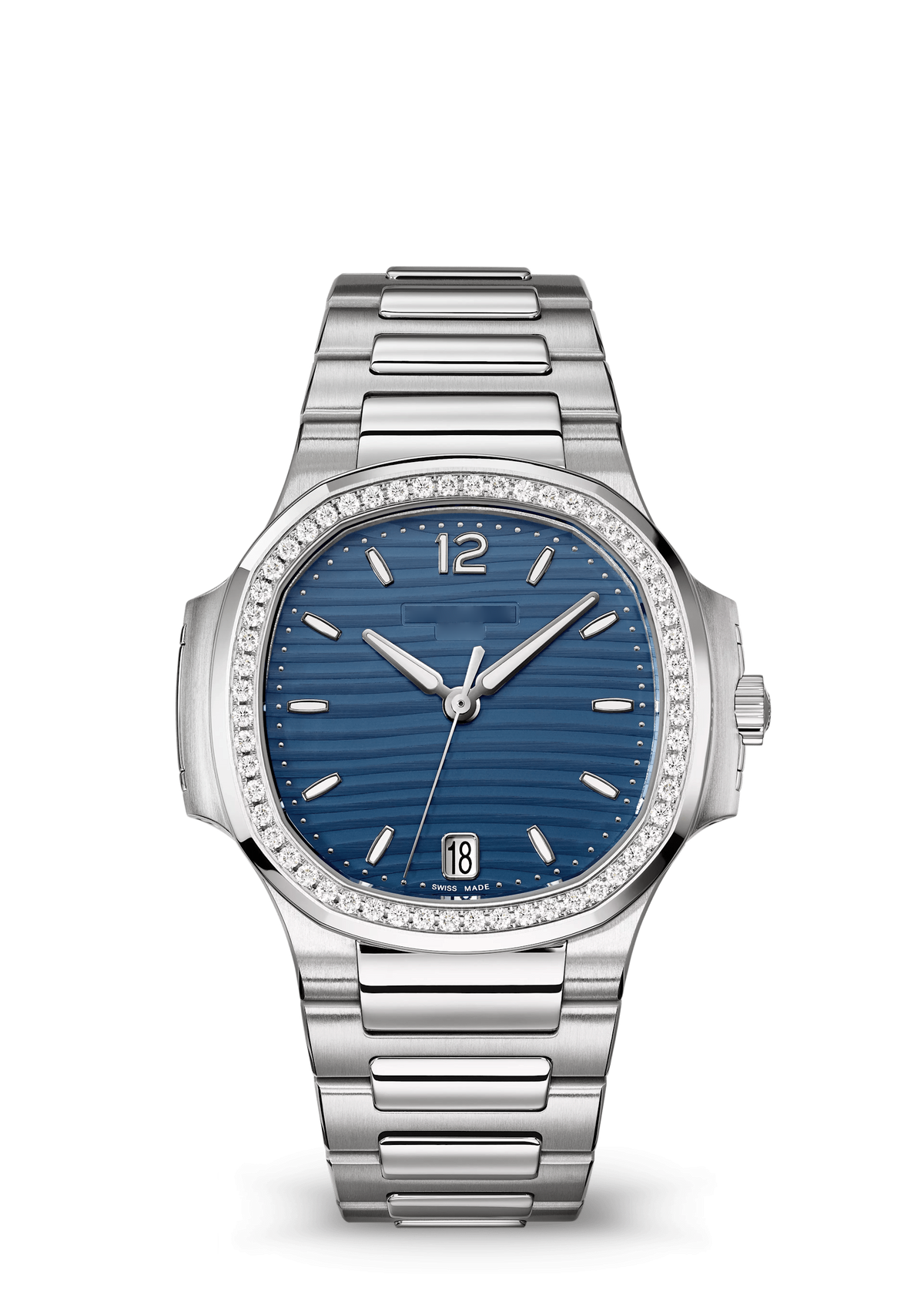 Blue Ridged Dial Watch with Silver Tone Crystal Bezel