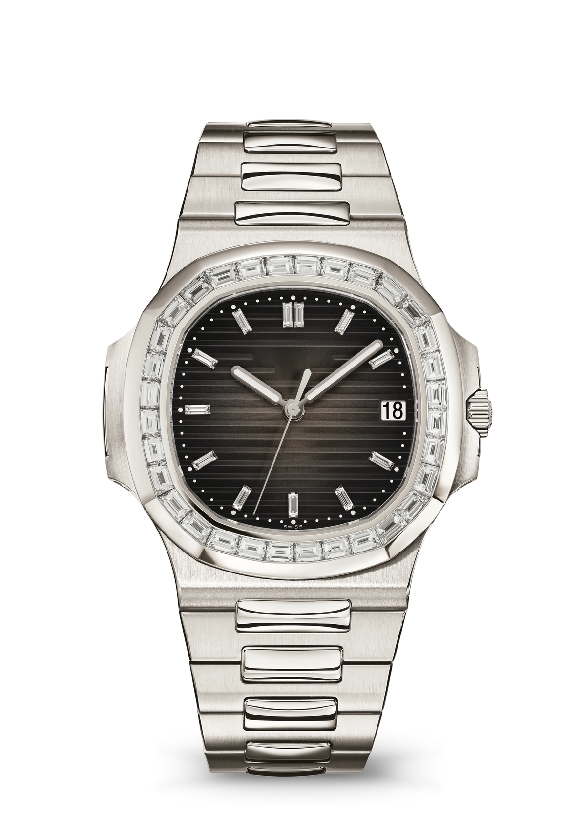 Black Ridged Dial Watch with Clear Crystal Bezel and Silver Tone Bracelet