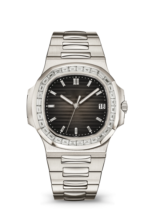 Black Ridged Dial Watch with Clear Crystal Bezel and Silver Tone Bracelet