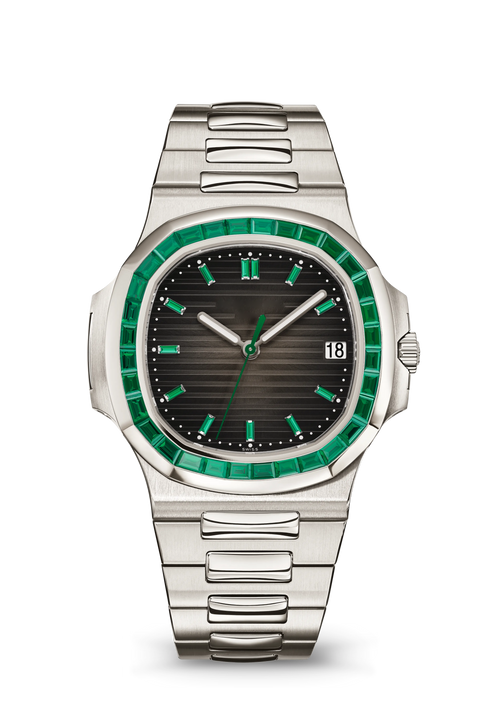 Black Ridged Dial Watch with Green Crystal Bezel and Silver Tone Bracelet