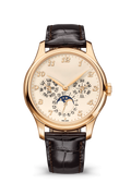 Cream Moonphase Calendar Watch with Gold Tone Case and Dark Strap