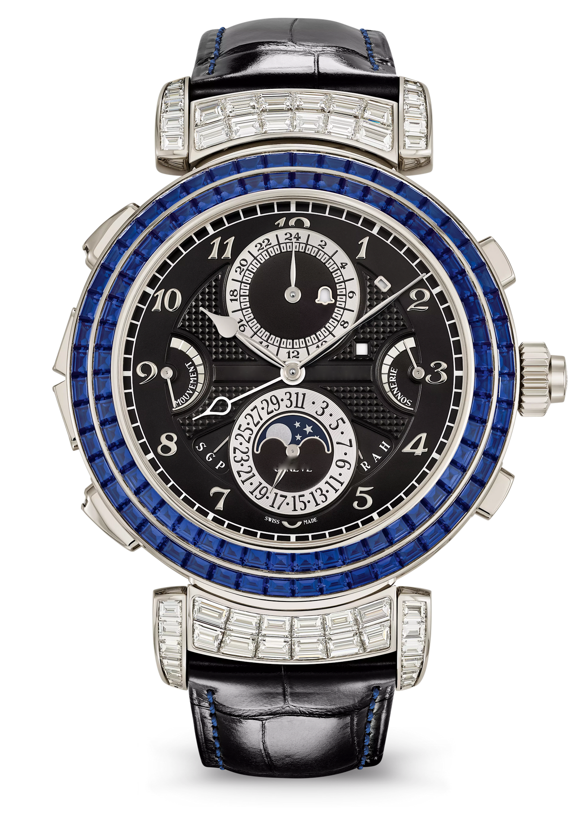 Black Multi-Dial Watch with Blue Crystal Case and Black Strap