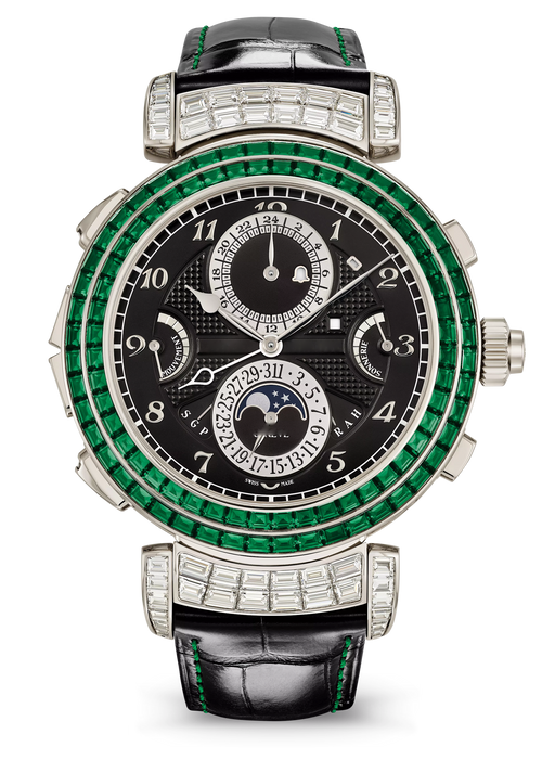 Black Multi-Dial Watch with Green Crystal Case and Black Strap