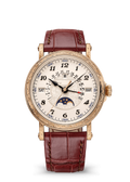Ivory Calendar Watch with Engraved Gold Tone Case and Burgundy Strap