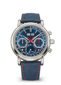 Blue Split-Seconds Chronograph with Silver Tone Case and Red Stitching