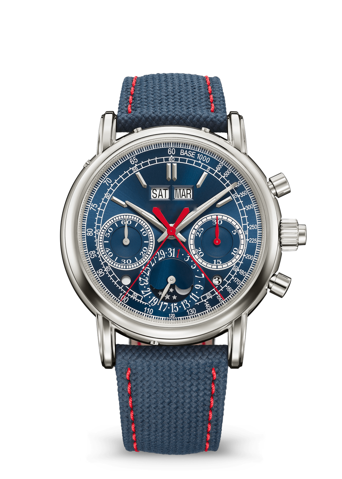 Blue Split-Seconds Chronograph with Silver Tone Case and Red Stitching