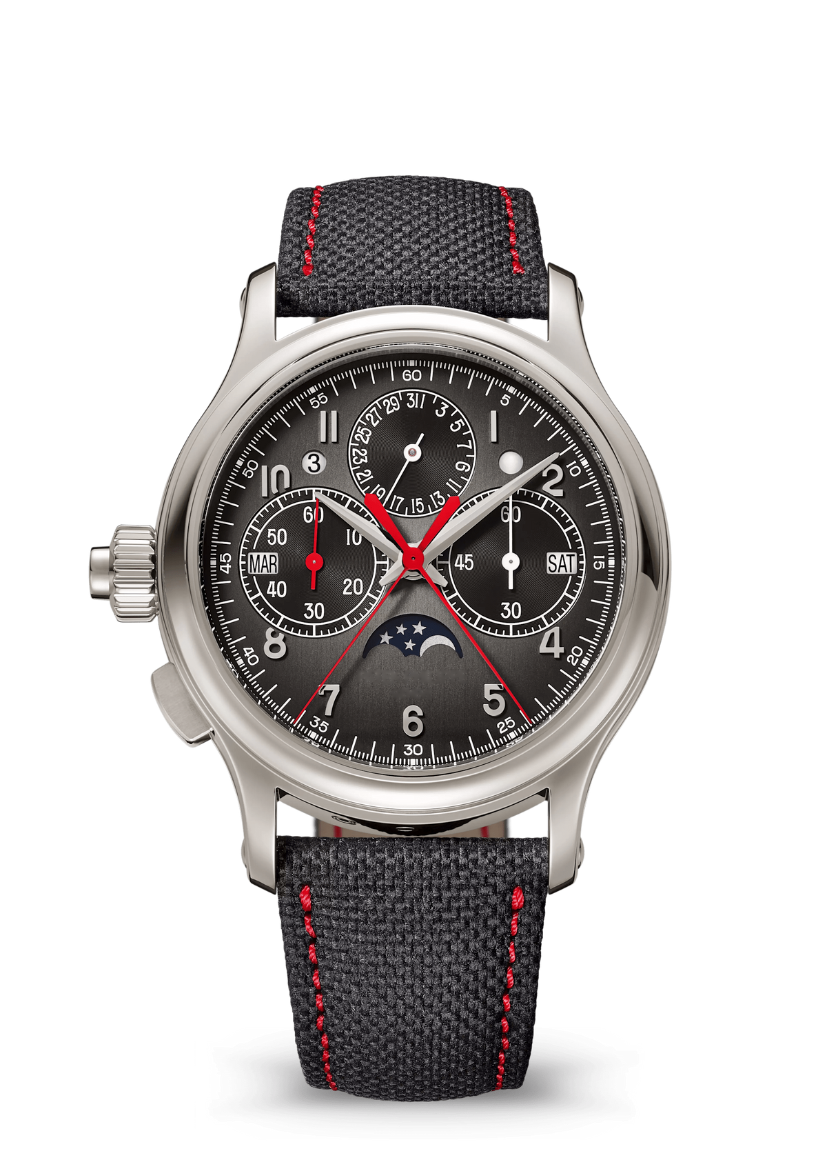 Black Split-Seconds Chronograph with Silver Tone Case and Red Stitching