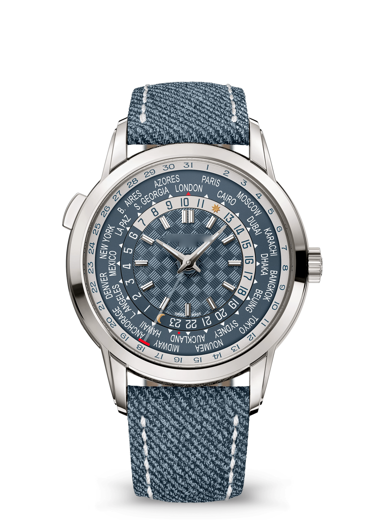 Blue Grey Patterned World-Time Watch with Woven Strap