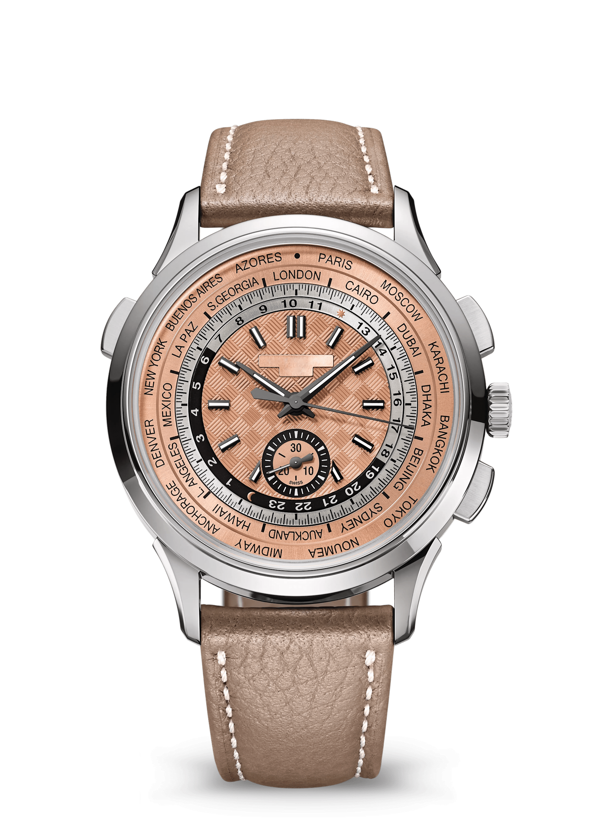 Salmon World-Time Chronograph with Silver Tone Case and Tan Strap