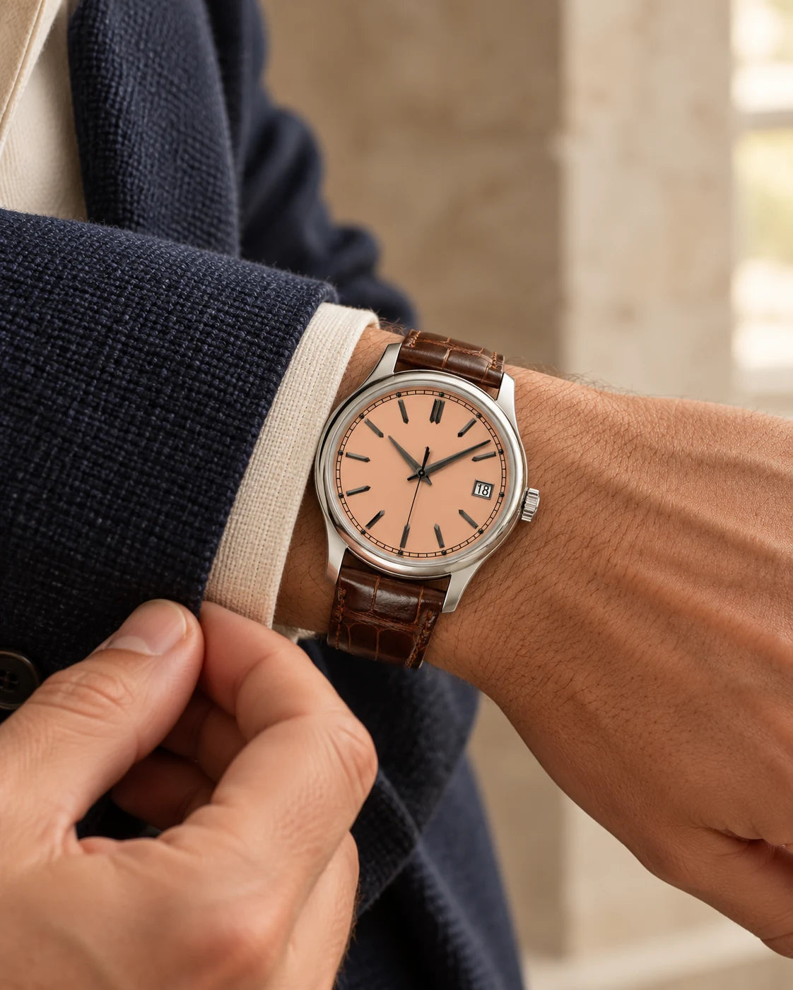Salmon-dial watch worn with a navy jacket